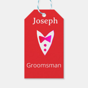 groomsman add name year red bow shirt tie tuxedo gift tags
