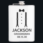 Groomsman Black Bow Tie Hip Flask<br><div class="desc">This 8 oz. flask is a great favour for the groomsmen in your wedding. If all your wedding party will be wearing suits this design with suspenders and a bow tie in black would be perfect. Casual yet formal. It'd be great for a bachelor weekend or bachelor party. A fun...</div>