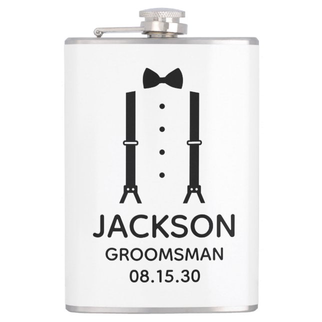 Groomsman Black Bow Tie Hip Flask (Front)