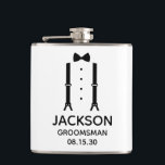 Groomsman Black Bow Tie Hip Flask<br><div class="desc">This flask is a great favour for the groomsmen in your wedding. If all your wedding party will be wearing suits this design with suspenders and a bow tie in black would be perfect. Casual yet formal. It'd be great for a bachelor weekend or bachelor party. A fun gift for...</div>