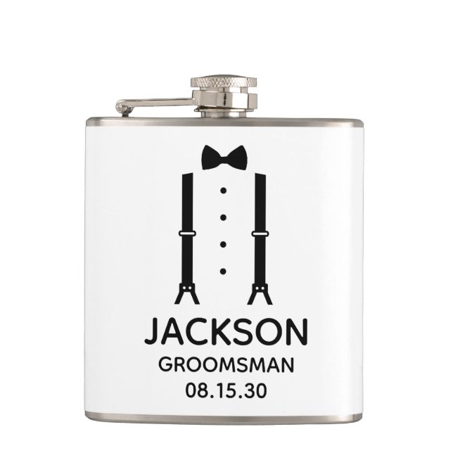 Groomsman Black Bow Tie Hip Flask (Front)