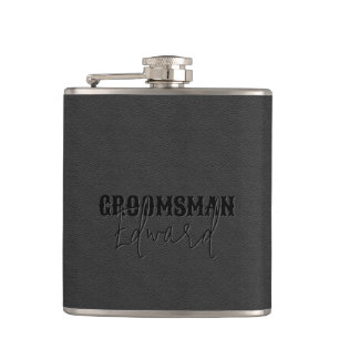 Groomsman Black Faux Leather Black Text Hip Flask