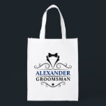 Groomsman Black Tie Blue White Reusable Bag<br><div class="desc">Wedding Groomsman Black Tie Reusable Tote Bag - Navy Blue Text</div>