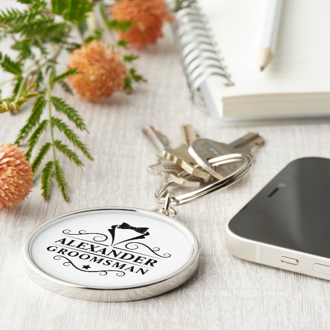 Groomsman Black Tie Premium Round Key Ring (Side)