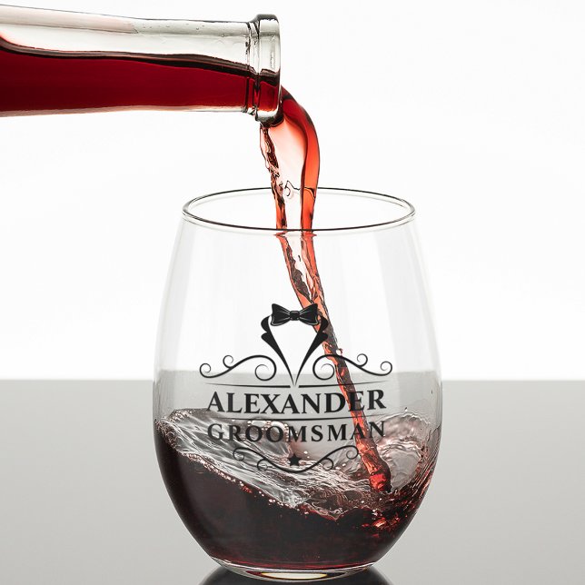 Groomsman Black Tie Shot Stemless Wine Glass (Several styles to choose from.)