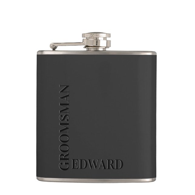 Groomsman Black Typography Embossed Look Monogram Hip Flask (Front)