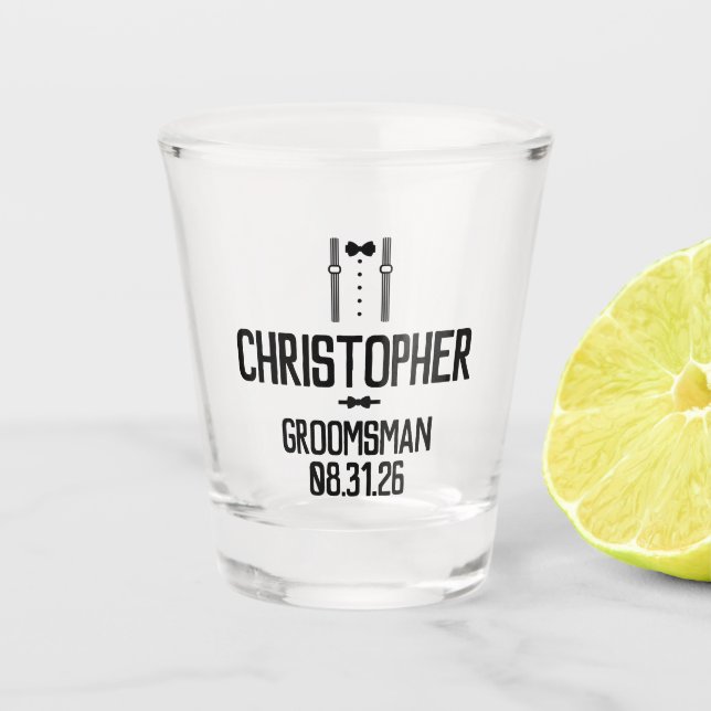 Groomsman Black Typography Tuxedo  Shot Glass (Front)