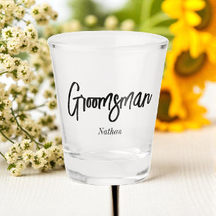 Groomsman Black White Script Wedding   Shot Glass