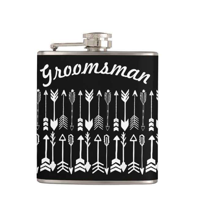 Groomsman Black with White Arrow Pattern Hip Flask (Front)