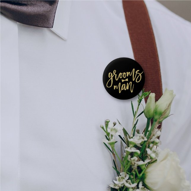 Groomsman Bow Tie Gold Script Bridal Party Wedding 6 Cm Round Badge ('Groomsman' Bow Tie Gold Brush Script Calligraphy Wedding Rehearsal Pin Button @ fatfatin_blue_knot)
