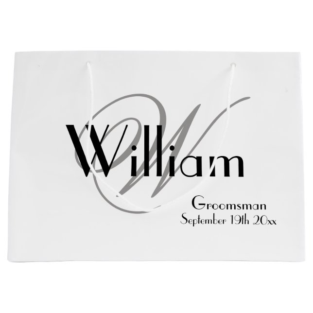 Groomsman custom modern classy chic white large gift bag (Front)