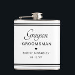 Groomsman Custom Personalised Wedding Party  Hip Flask<br><div class="desc">Groomsman Custom Personalised Name Wedding Party Flask features the groomsman's name with the bridal couple's names and wedding date accented with a small love heart. Custom made for the groomsman. Designed by ©2024 Evco Studio www.zazzle.com/store/evcostudio</div>