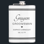 Groomsman Custom Personalised Wedding Party  Hip Flask<br><div class="desc">Groomsman Custom Personalised Name Wedding Party Flask features the groomsman's name with the bridal couple's names and wedding date accented with a small love heart. Custom made for the groomsman. Designed by ©2024 Evco Studio www.zazzle.com/store/evcostudio</div>