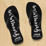 Groomsman Custom Wedding Favor Modern Monogram Thongs<br><div class="desc">Your groomsman will love this custom wedding thank you gift/favor with a modern script font. Add his name or monogram and another line of text (date, wedding location, etc.) Easily change the background color to match your wedding colors - just click on "customize it" and then the choose your color...</div>