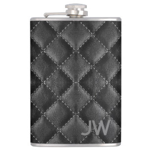 Groomsman Embossed Monogram Black Leather Hip Flask