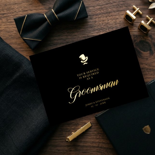 Groomsman Funny Wedding Minimalist Proposal Card (Groomsman Funny Wedding Minimalist Proposal Real Golden Metallic Foil Proposal Card with Envelope.)