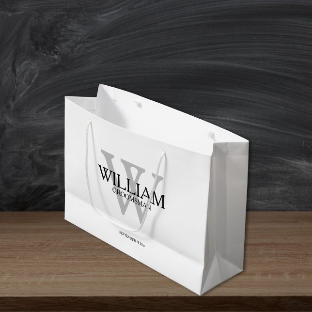 Groomsman Gift Monogram Black White & Grey  Large Gift Bag (Groomsman Gift - Monogrammed Black, White & Gray Large Gift Bag)