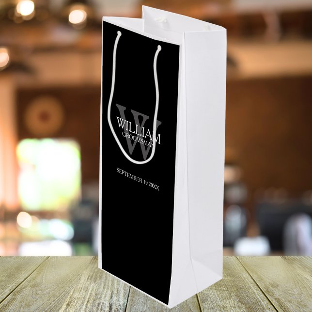 Groomsman Gift Name Simple Elegant Black & White Wine Gift Bag (Simple Elegant Black, White & Gray Custom Name Wine Gift Bag)
