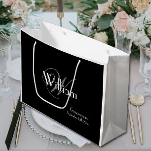 Groomsman Gift Script Monogram Name Chic Black Large Gift Bag