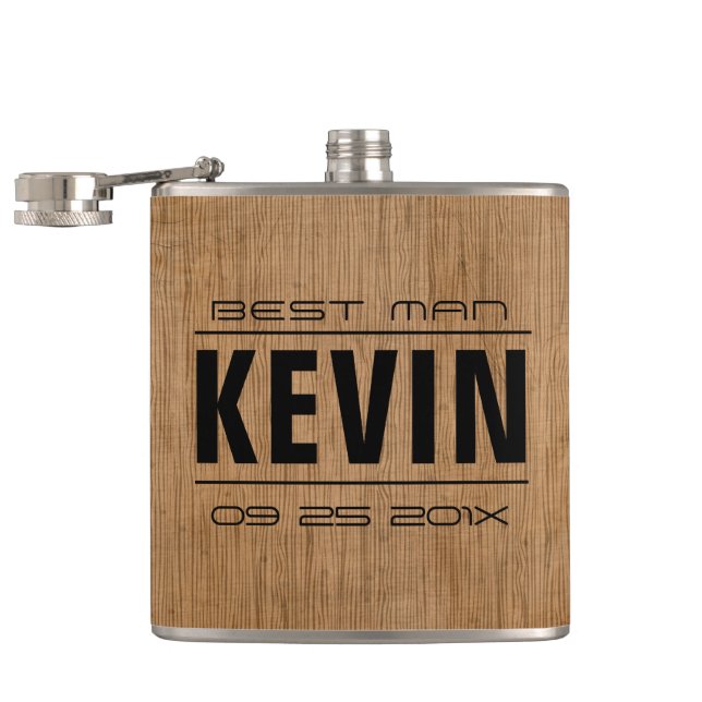 Groomsman Gifts-Wood Texture Print Hip Flask (Opened)
