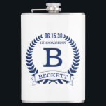 Groomsman Initials Hip Flask<br><div class="desc">These 8 oz. flasks are a great favour for the groomsmen in your wedding.  They are traditional yet modern with a blue laurel wreath and banner with the wedding date,  title/job and first initial and first name all in blue.  They'd be great for a bachelor party or weekend.</div>