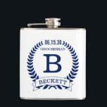 Groomsman Initials Hip Flask<br><div class="desc">These 6 oz. flasks are a great favour for the groomsmen in your wedding.  They are traditional yet modern with a blue laurel wreath and banner with the wedding date,  title/job and first initial and first name all in blue.  They'd be great for a bachelor party or weekend.</div>