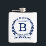 Groomsman Initials Hip Flask<br><div class="desc">These 6 oz. flasks are a great favour for the groomsmen in your wedding.  They are traditional yet modern with a blue laurel wreath and banner with the wedding date,  title/job and first initial and first name all in blue.  They'd be great for a bachelor party or weekend.</div>