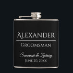 Groomsman Liquor Flask Wedding Favour Gift<br><div class="desc">This flask is the perfect way to thank your groomsmen,  members of the wedding party or other special guests. The text is fully customisable with a place to enter your groomsman's name,  the title (Groomsman,  Best Man,  Father of the Bride,  etc.) the wedding couple's name,  and wedding date.</div>