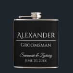 Groomsman Liquor Flask Wedding Favour Gift<br><div class="desc">This flask is the perfect way to thank your groomsmen,  members of the wedding party or other special guests. The text is fully customisable with a place to enter your groomsman's name,  the title (Groomsman,  Best Man,  Father of the Bride,  etc.) the wedding couple's name,  and wedding date.</div>