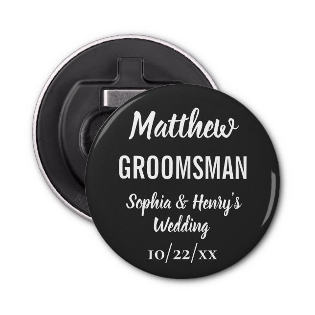 Groomsman Modern Black Bachelor Party Wedding Bottle Opener (Front)