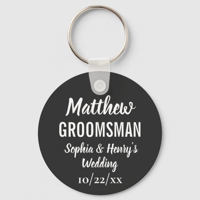 Groomsman Modern Typography Black Wedding Key Ring (Front)