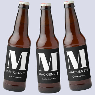 Groomsman Monogram Name Black Beer Bottle Label