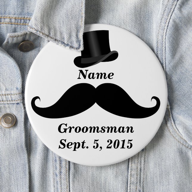 Groomsman Moustache and Top Hat Pin-Back Button (In Situ)