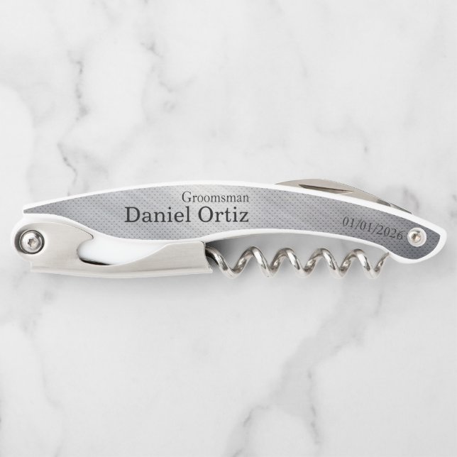 Groomsman Name Date Faux Metallic Texture Corkscrew (Front)