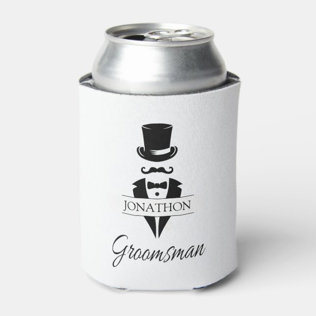 Groomsman Name Tuxedo Silhouette Can Cooler (Can Front)
