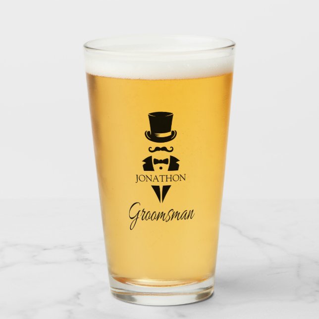 Groomsman Name Tuxedo Top Hat Glass (Front Filled)