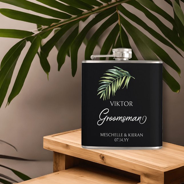 Groomsman Palm Leaf Any Colour Hip Hip Flask (Groomsman hip flask with tropical palm leaf and calligraphy)