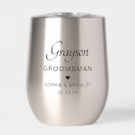 Groomsman Personalised Name Wedding Party<br><div class="desc">Groomsman Personalised Name Wedding Party Thermal Wine Tumbler features your groomsman's name with the bridal couple's names and wedding date accented with a small love heart. Custom made for your groomsman. Designed by ©2024 Evco Studio www.zazzle.com/store/evcostudio</div>