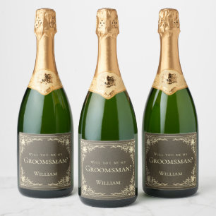 Groomsman Proposal Black Gold Vintage Elegant Sparkling Wine Label