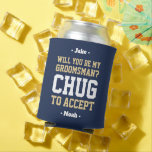 Groomsman Proposal Chug to Accept Navy Gold White Can Cooler<br><div class="desc">Get the wedding celebration started in style with a funny personalised groomsman proposal can cooler. The navy blue, gold and white design features stylish modern typography names and a customisable request reading "Will you be my groomsman? Chug to accept". All text is simple to customise or delete and can be...</div>
