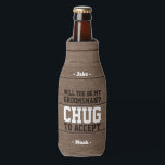 Groomsman Proposal Chug to Accept Rustic Faux Wood Bottle Cooler<br><div class="desc">Get the wedding celebration started in style with a funny personalised groomsman proposal bottle cooler. Design features a rustic brown faux wood background, stylish modern typography names, and a customisable request reading "Will you be my groomsman? Chug to accept". All text is simple to customise or delete. These unique and...</div>