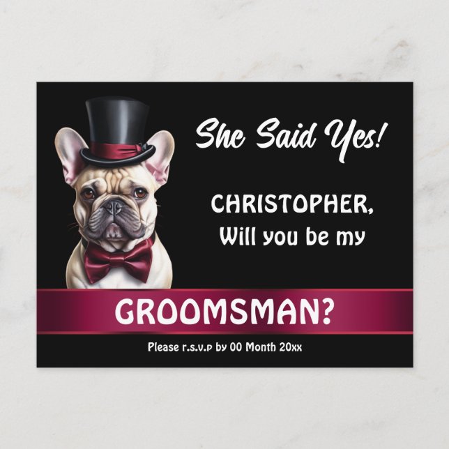 Groomsman proposal french bulldog pet tuxedo  postcard (Front)