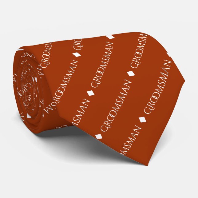 Groomsman Repeating White Text on Rust Orange Tie (Rolled)