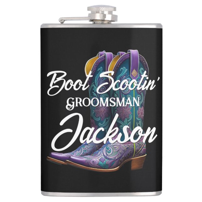 Groomsman Scootin' Cowboy Boots Black Hip Flask (Front)