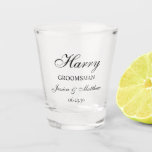 Groomsman Script Customised Shot Glass<br><div class="desc">This very classic and traditional shot glass with the word Groomsman (which is customisable for any wedding party member), the groomsman's name in a lovely script font, the bride and groom's names, and their wedding date would be perfect for your groomsmen. They'd be fabulous to have on your bachelor week-end,...</div>