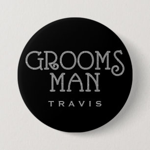 Groomsman Silver Faux Glitter Name Tag Button