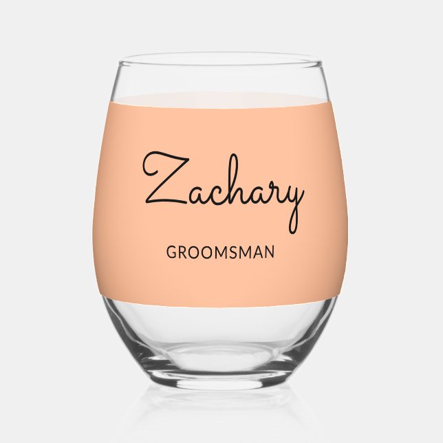 Groomsman Stylish Peach Minimalist Personalised Stemless Wine Glass (Front)