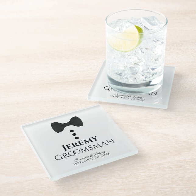 Groomsman Wedding Favour Cute Tuxedo Black Tie Glass Coaster (Angled)