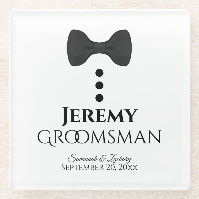 Groomsman Wedding Favour Cute Tuxedo Black Tie Glass Coaster (Front)