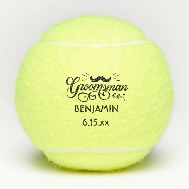 Groomsman Wedding Moustache Name Date Tennis Balls (Front)